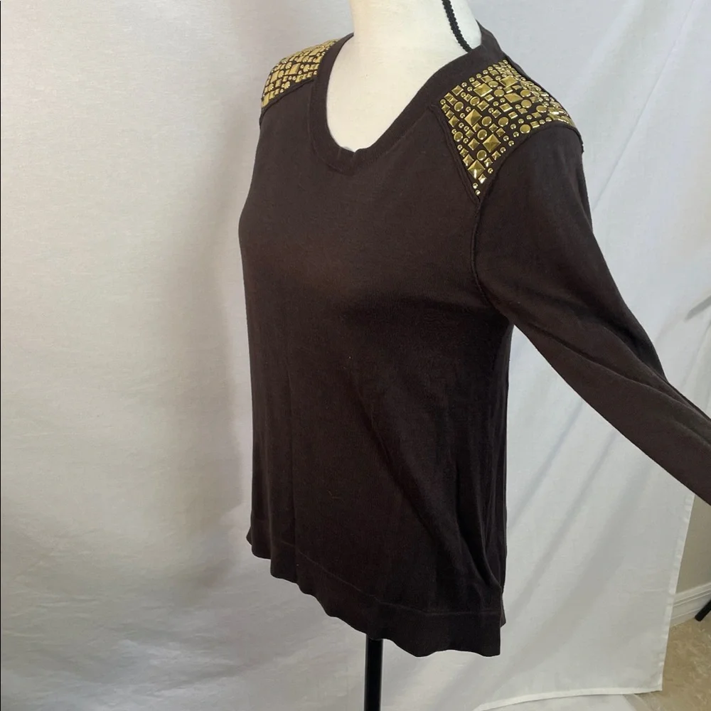 Michael Kors Chocolate Long Sleeve Top with Gold Details